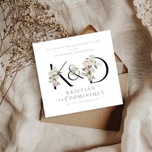 Biglietto di auguri per il primo anniversario di matrimonio con le iniziali PERSONALIZZATE, anniversario di carta, biglietto di auguri per il primo anniversario di matrimonio tra figlia e figlio, anniversario di un anno, floreale