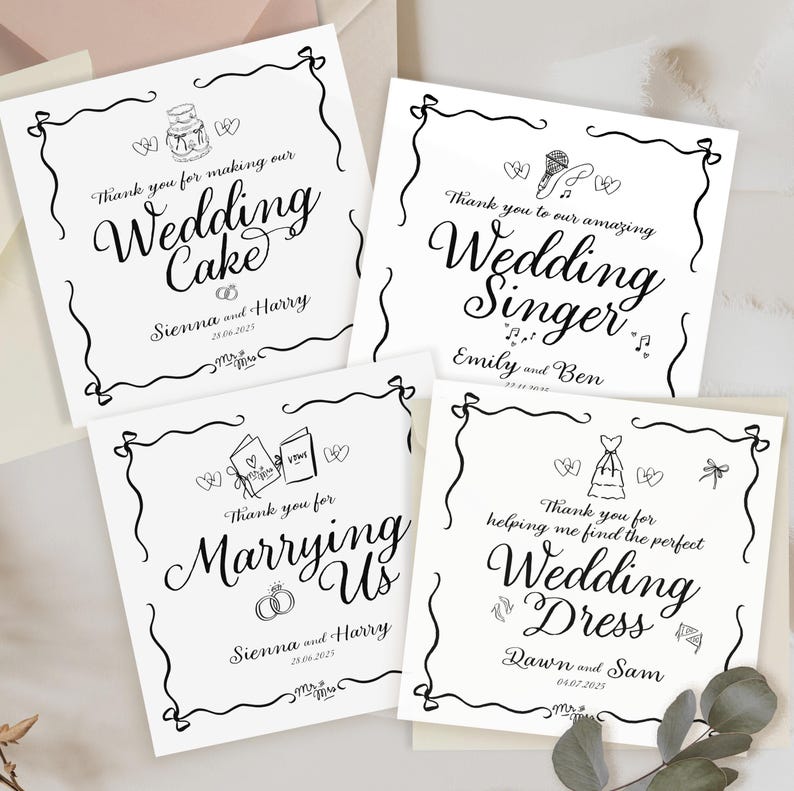 May include: Four square white thank you cards with black ink line drawings and calligraphy. Each card features a unique wedding-themed illustration, such as a cake, microphone, vows, or dress, along with personalized names and wedding dates.