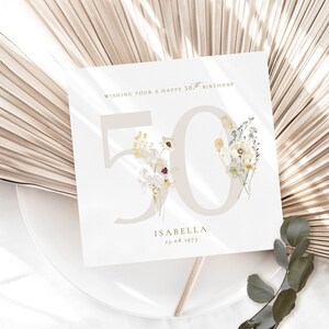 GEPERSONALISEERDE HAPPY 50e verjaardagskaart|Mijlpaal, lente bloemen verjaardagskaart|Dochter, moeder, vriend|Verjaardagskaart bloemen|21e, 30e, 40e, 60e