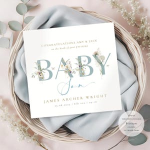 Carte de félicitations personnalisée pour bébé et fils, petite fille, carte de nouveau-né, carte de bébé à fleurs, cadeau souvenir de naissance de bébé, cadeau de nouveau-né, carte de nouveau-né