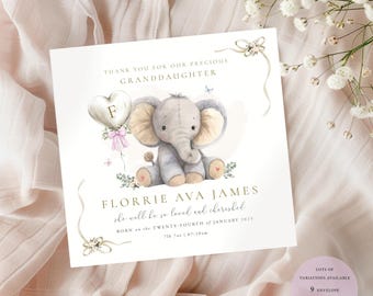 Baby-Enkelin Karte | Baby-Enkelin-Glückwunschkarte, danke für unsere Enkelkarte, Baby-Mädchen, Elternkarte, Elefant, neues Baby