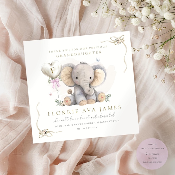 BABY GRANDDAUGHTER Card | Baby Granddaughter Congratulations Card,Thank you for our Grandchild Card,Baby Girl,Parents Card,Elephant,New Baby