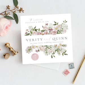 Initiales personnalisées carte de premier anniversaire, anniversaire de mariage en papier, carte de 1er anniversaire de mariage fille fils, anniversaire d'un an, floral
