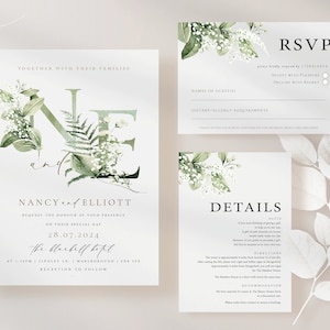FOLLAJE Iniciales Invitación de BODA, Invitación de corona de hojas, Floral, Botánico, Invitaciones verdes, Invitaciones de boda, Muestra verde salvia, RSVP
