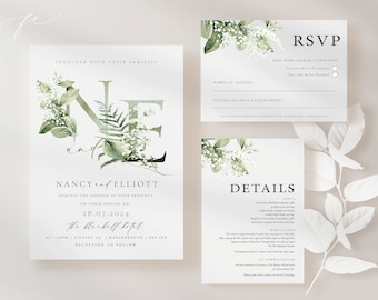 FOLIAGE Initials WEDDING Invitation, Leaf Wreath Invite, Floral, Botanical, Greenery Invitations, Wedding Invites, Sage Green Sample, RSVP