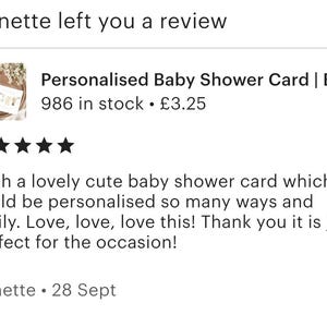 May include: A screenshot of a customer review for a baby shower card. The review includes a 5-star rating, the text "Personalised Baby Shower Card", and a positive customer comment. The reviewer's name is Annette.