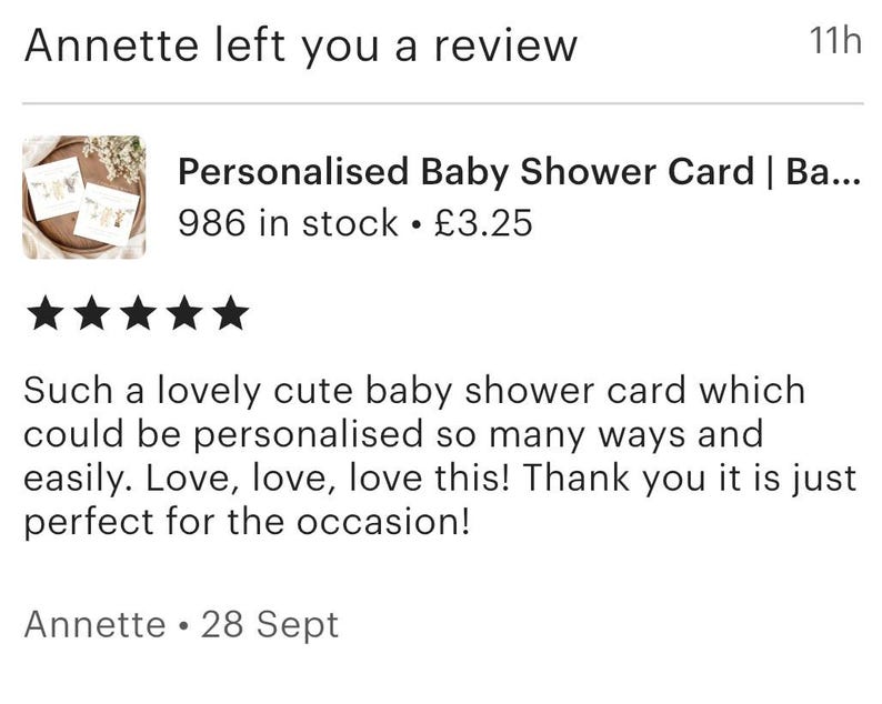 May include: A screenshot of a customer review for a baby shower card. The review includes a 5-star rating, the text "Personalised Baby Shower Card", and a positive customer comment. The reviewer's name is Annette.