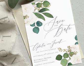 VANILLA ROSE | Floral Save the Date Invitation, Eucalyptus foliage, Wedding Invites, Wedding Invite, Botanical Invitation | Floral Invite