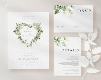 FOLIAGE Heart Wreath WEDDING Invitation,Leaf Wreath Invite, Floral, Botanical, Greenery Invitations, Wedding Invites, Sage Green Sample,RSVP