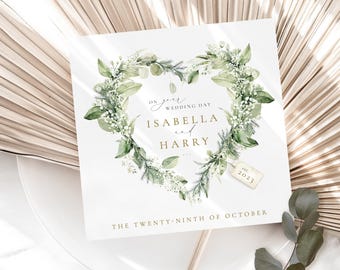 Cartão de casamento personalizado para recém-casados | Cartão de dia de casamento com coroa de corações com folhagens | Sr. e Sra. | Recém-casados | Cartão de parabéns