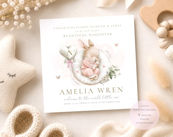 Personalised Baby Daughter Card | Bunny, Elephant, Giraffe Welcome to World Keepsake
