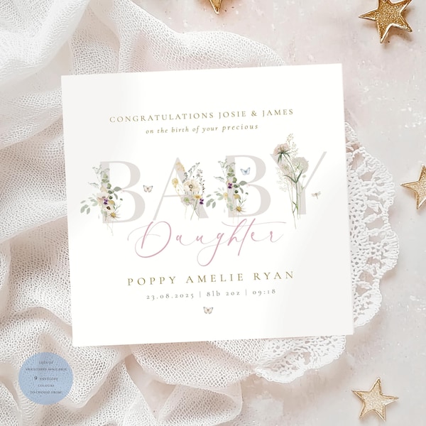 Biglietto di congratulazioni per la FIGLIA, Bambina, Biglietto per neonato, Biglietto floreale per neonato, Regalo ricordo per la nascita del neonato, Regalo per neonato, Neo genitori, Mamma
