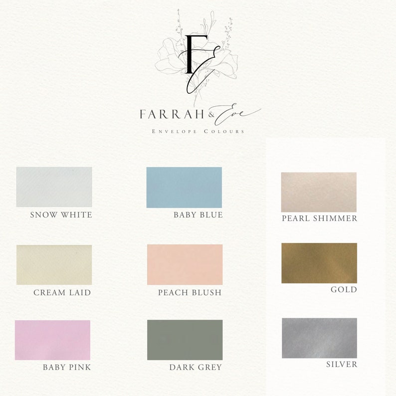 May include: A chart showing envelope colour options for invitations. The colours are: Snow White, Baby Blue, Pearl Shimmer, Cream Laid, Peach Blush, Gold, Baby Pink, Dark Grey, and Silver.