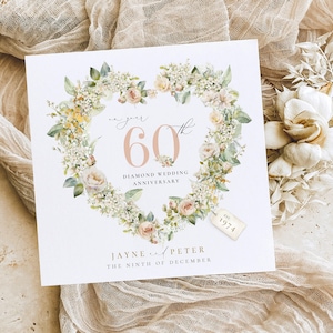 DIAMOND-kaart huwelijksverjaardag, kaart 60-jarig jubileum, goud, hart met bloemen, op je verjaardag 25, 30, 40, 70 zilver, platina verjaardag