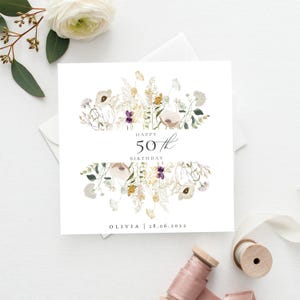 JOYEUX 50e anniversaire carte | PERSONNALISÉ | Jalon, carte d'anniversaire fleurs printanières | Fille, maman, amie | carte d'anniversaire | 21, 30, 40