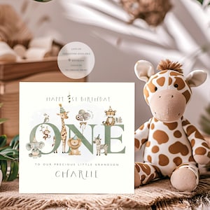 Carte d'anniversaire PERSONNALISÉE sur le thème Safari, âge 1,2,3,4 ans. Un, deux, trois, quatre ans, anniversaire important, carte d'anniversaire pour tout-petit, zoo, girafe