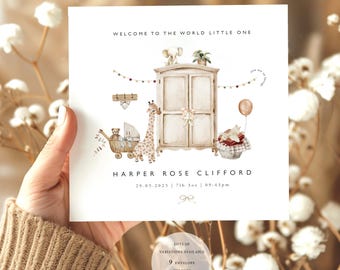 May include: A watercolor illustration of a baby's nursery with a wardrobe, a giraffe, a stroller, and a basket. The text reads "Welcome to the world little one" and "Harper Rose Clifford 29.05.2025 | 7lb 3oz | 09:43pm".