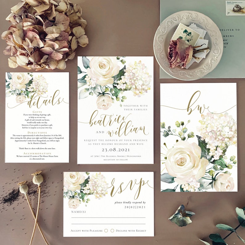 WATERCOLOUR ROSE Vintage Floral Wedding Invitations, Wedding Invites, Wedding Invite, Botanical Wedding Invitation Rustic Floral-Sample image 1