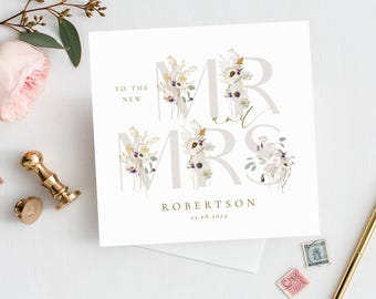 Cartão de casamento botânico personalizado Sr. e Sra. | Floral | Cartão Sr. e Sra. | Sr. e Sr. | Sra. e Sra. | Cartão de dia de casamento com folhagens florais, cartão de parabéns