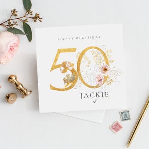 Carte d'anniversaire personnalisée pour les 50 ans heureux | Jalon, carte d'anniversaire de fleurs printanières | Fille, maman, amie | Carte d'anniversaire à fleurs | 21, 30, 40, 60 ans