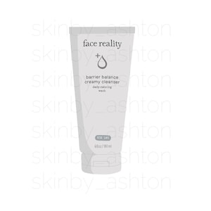 May include: A white tube of Face Reality barrier balance creamy cleanser. The tube has a gray cap and base, with text that reads "barrier balance creamy cleanser daily calming wash". It is labeled "ACNE SAFE" and contains 6 fl oz / 180 ml.
