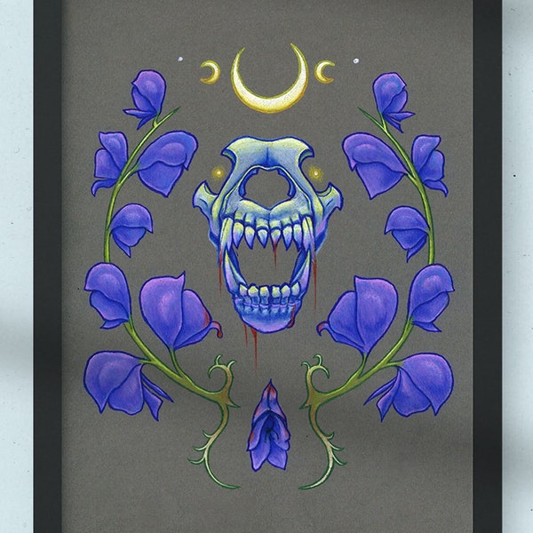 Wolf Skull Art Print with Wolf's Bane Flowers - Magical, Macabre, and Witch Wall Art Poster | 11x14