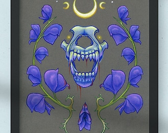 Wolf Skull Art Print with Wolf's Bane Flowers - Magical, Macabre, and Witch Wall Art Poster | 11x14