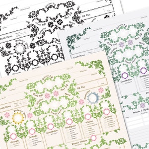 May include: Three printable character sheets for a role-playing game. The sheets are decorated with floral designs in black, green, and pink. The sheets include sections for character name, experience, species, death saves, proficiency bonus, armor class, hit dice, inspiration, strength, dexterity, constitution, intelligence, wisdom, charisma, and passive wisdom.