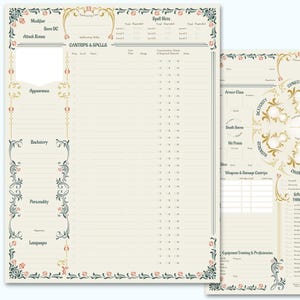 May include: A printable Dungeons and Dragons character sheet with sections for character information, spell slots, and combat statistics. The sheet has a decorative border with floral designs in shades of green, pink, and gold.