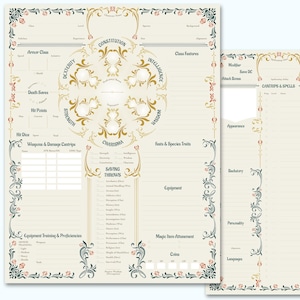 May include: A printable character sheet for a tabletop role-playing game. The sheet features a central circle with six sections, each representing a different ability score: Strength, Dexterity, Constitution, Intelligence, Wisdom, and Charisma. The sheet also includes sections for armor class, hit points, saving throws, weapons and damage cantrips, equipment training and proficiencies, feats and species traits, class features, cantrips and spells, appearance, backstory, personality, languages, and magic item attunement.