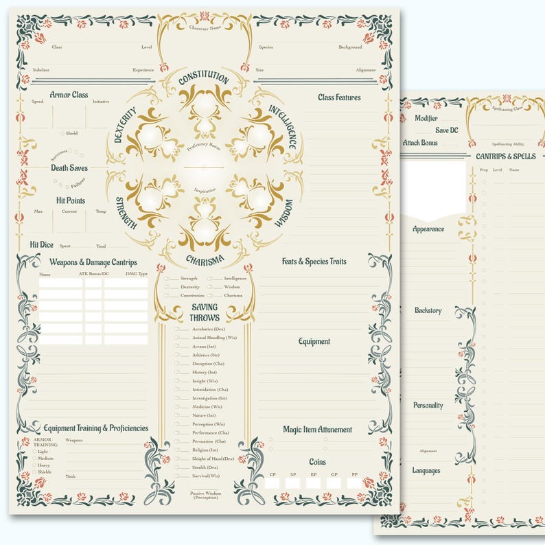 May include: A printable character sheet for a tabletop role-playing game. The sheet features a central circle with six sections, each representing a different ability score: Strength, Dexterity, Constitution, Intelligence, Wisdom, and Charisma. The sheet also includes sections for armor class, hit points, saving throws, weapons and damage cantrips, equipment training and proficiencies, feats and species traits, class features, cantrips and spells, appearance, backstory, personality, languages, and magic item attunement.