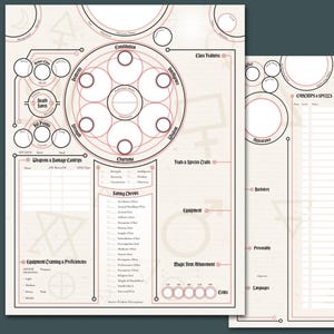 May include: Two-page character sheet for a role-playing game. The sheets have a cream background with red circular and line designs. Sections include stats, skills, equipment, and spells. The text includes "Death Saves", "Hit Points", and "Charisma".