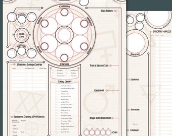 May include: Two-page character sheet for a role-playing game. The sheets have a cream background with red circular and line designs. Sections include stats, skills, equipment, and spells. The text includes "Death Saves", "Hit Points", and "Charisma".