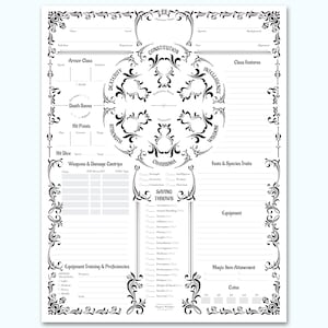 May include: A black and white character sheet with decorative flourishes. The sheet is designed for role-playing games and includes sections for character name, class, level, race, background, alignment, ability scores, saving throws, skills, weapons, equipment, and magic items.
