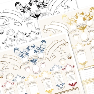 May include: A printable Dungeons and Dragons character sheet with gold, blue, and red accents. The sheet includes sections for character name, class, level, race, background, alignment, experience points, armor class, hit points, initiative, speed, strength, dexterity, constitution, intelligence, wisdom, charisma, death saves, proficiency bonus, saving throws, skills, attacks, and spells.