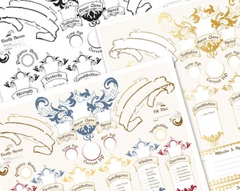 May include: A printable Dungeons and Dragons character sheet with gold, blue, and red accents. The sheet includes sections for character name, class, level, race, background, alignment, experience points, armor class, hit points, initiative, speed, strength, dexterity, constitution, intelligence, wisdom, charisma, death saves, proficiency bonus, saving throws, skills, attacks, and spells.