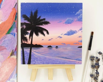 Hand painted Sunset beach on little canvas Original painting with easel Small painting Summer painting for decor Palm trees sunset scene