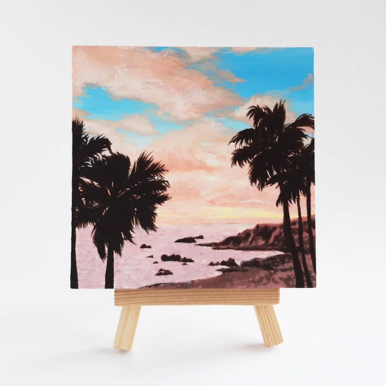 Hand painted Sunset beach on little canvas Original painting with easel Small painting Summer painting for decor Palm trees sunset scene