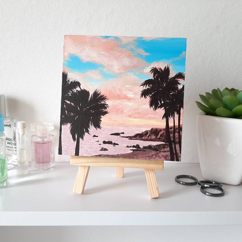 Hand painted Sunset beach on little canvas Original painting with easel Small painting Summer painting for decor Palm trees sunset scene