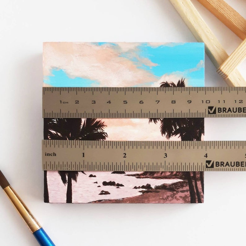 Hand painted Sunset beach on little canvas Original painting with easel Small painting Summer painting for decor Palm trees sunset scene