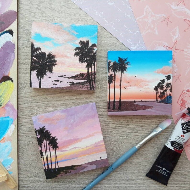 Hand painted Sunset beach on little canvas Original painting with easel Small painting Summer painting for decor Palm trees sunset scene