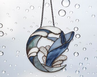 Stained Glass Whale Ornament, Stained Glass Window Hanging, Stained Glass Whale Suncatcher, Stained Glass Moon, Nautical Decor