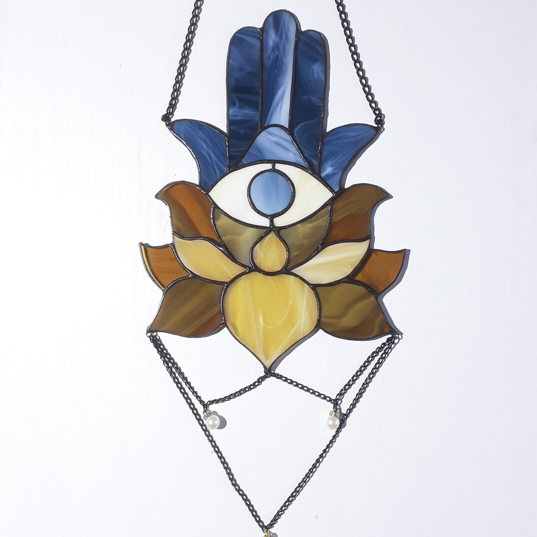 Stained Glass Hamsa Hand Suncatcher, Ancient Good Luck Lotus Symbol