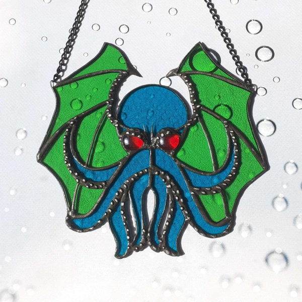 Cthulhu Suncatcher, HP Lovecraft Art, Cthulhu Idol, Stained Glass Window Hanging, Stained Glass Panel, Gothic Home Decor