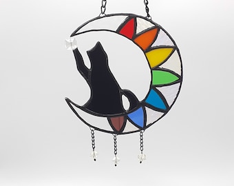Suncatcher Stained Glass Cat, Lucky Cat Stained Glass Suncatcher, Cat Ornament, Prism Suncatcher, Rainbow Car Charm, Moon Suncatcher