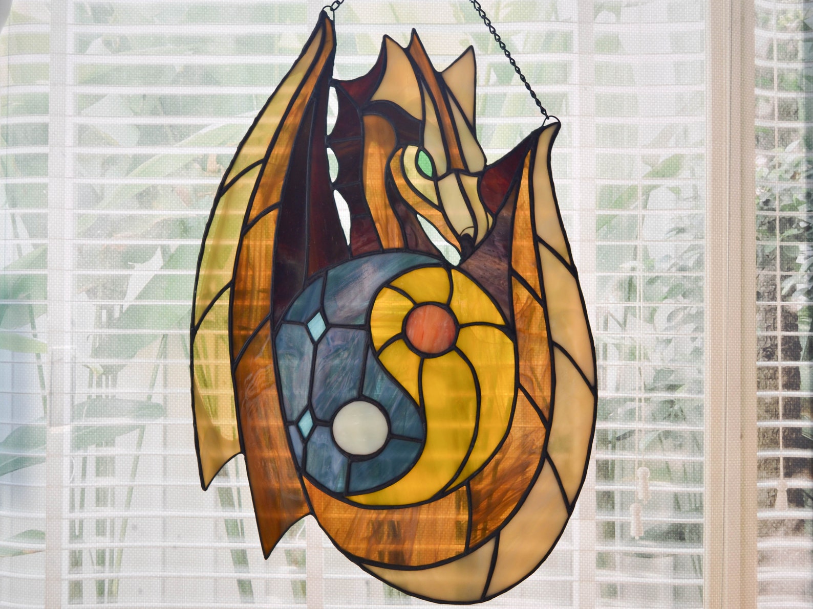 Stained Glass Dragon Suncatcher, Sun and Moon Yin Yang Glass Panel