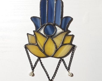 Hamsa Hand Stained Glass Succulent Suncatcher, Lotus Flower Car Mirror Charm, Evil Eye Window Hanging, Jewish Hannukah Decor, Unique Gift