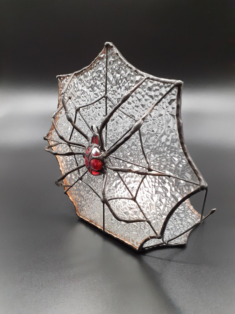 Gothic Stained Glass Spider Web, Jumping Spider Tealight Holder, Mirkwood Spider Stained Glass Suncatcher, Gothic Home Decor Halloween Decor image 2