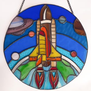 UFO Suncatcher, Spaceship Stained Glass Panel, Stained Glass Window Hangings Ornament, Alien Space Rocket Stained Glass, Space Dreamcatcher