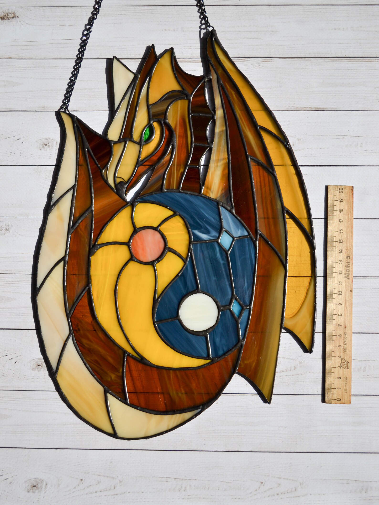 Stained Glass Dragon Suncatcher, Sun and Moon Yin Yang Glass Panel